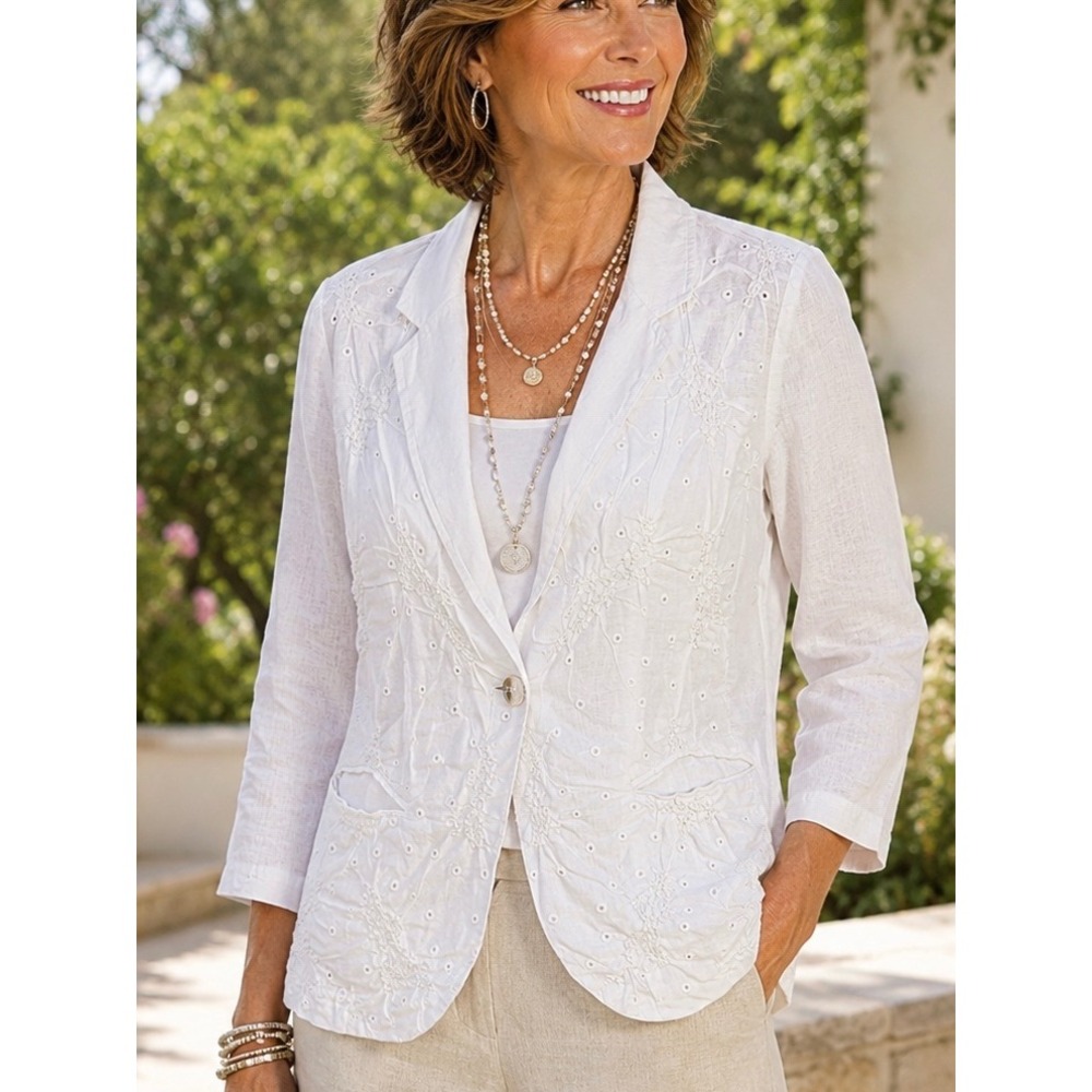 Chico's‎ Women Blazer White Small 100% Linen Floral Embroidered Eyelet